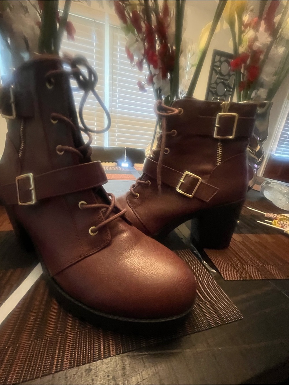 Women's Lace-Up Ankle Boots with Buckle - Maroon